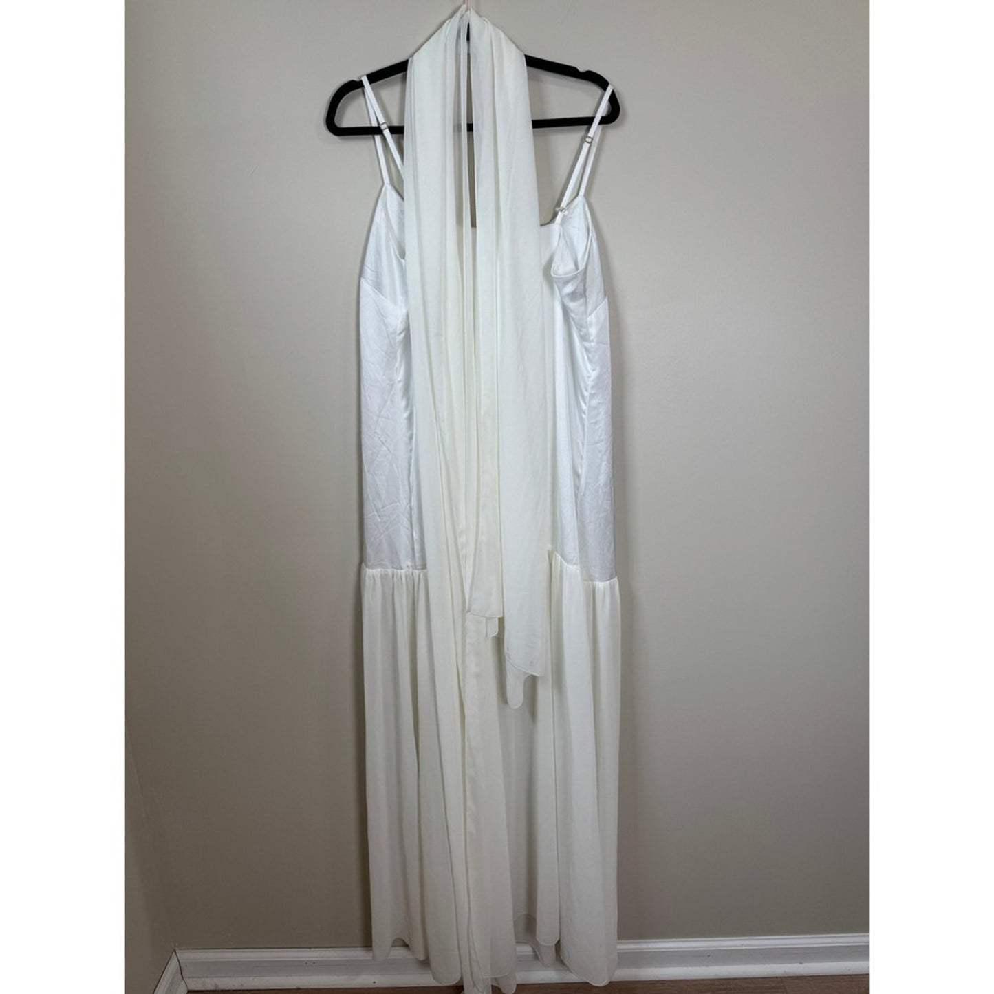Show Me Your Mumu White Maxi Dress XL Drop Waist Satin Chiffon Scarf Bridal