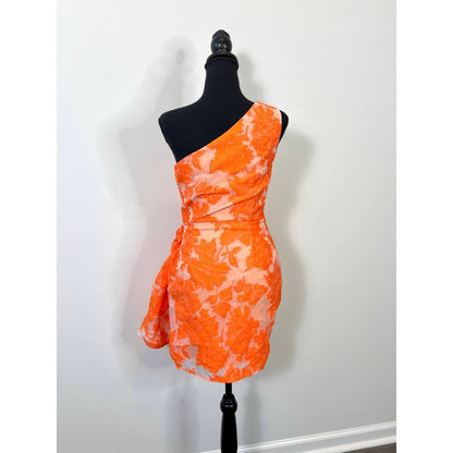 Showpo Brailey Mini Dress Orange Jacquard Size 4 Floral One Shoulder Wrap‎ Front