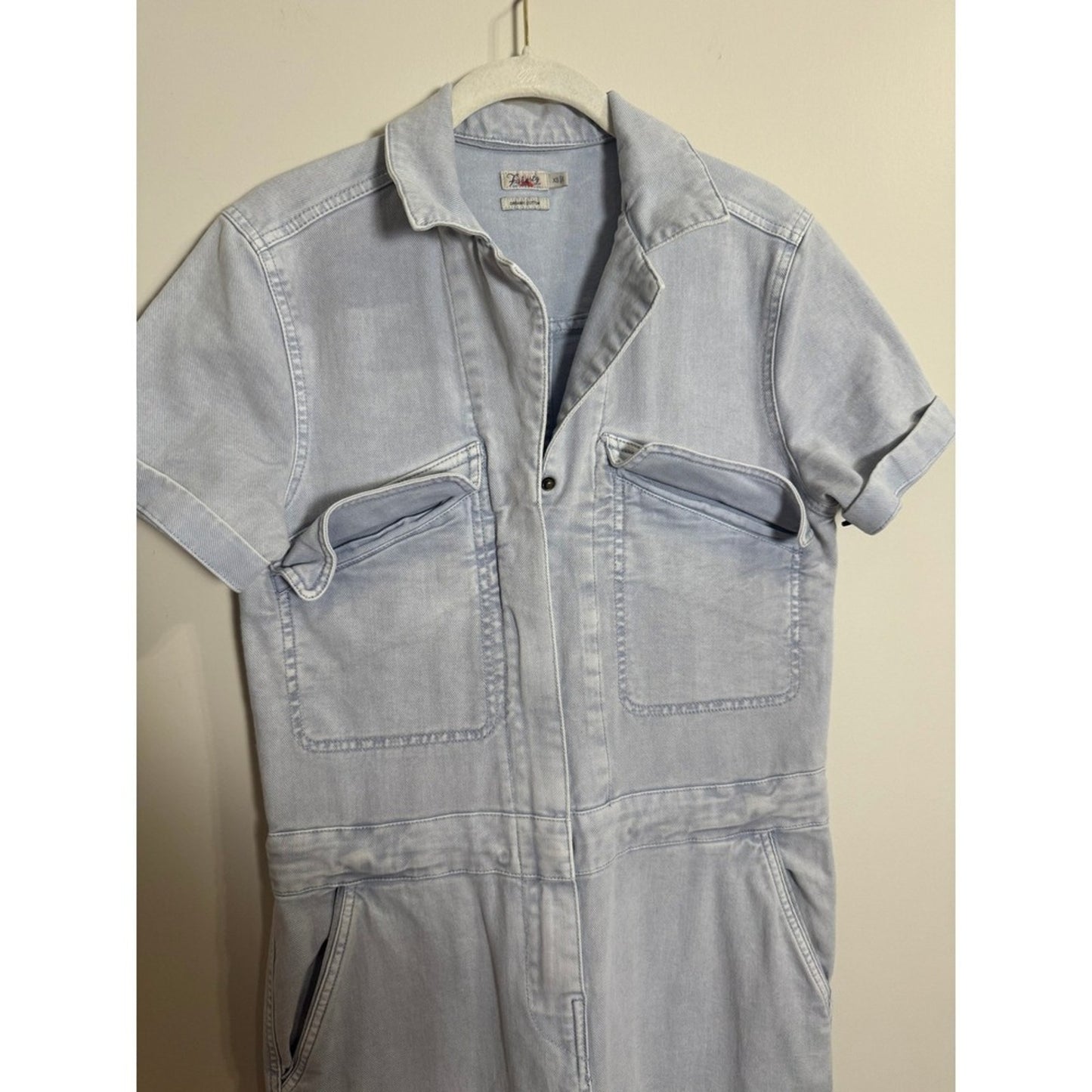 Faherty Brand Organic Cotton Denim Short Sleeve Utility Jumpsuit Light Wash XS