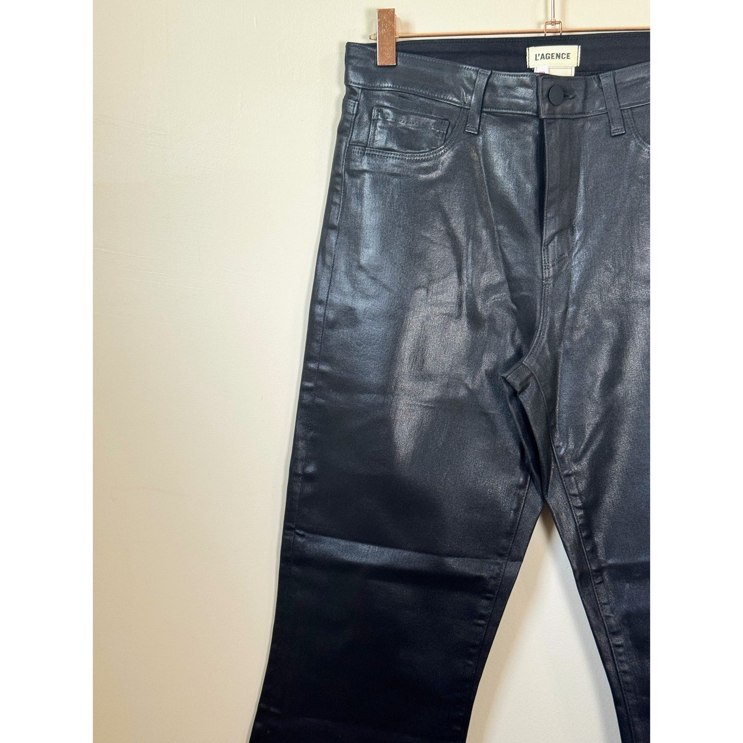 NEW NWT L'agence Kendra High Rise Crop Flare Coated Black Size 28