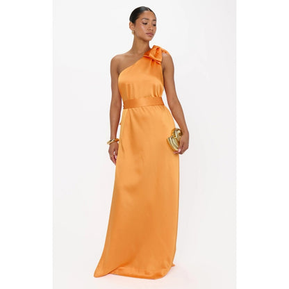 Orange Satin One Shoulder Maxi Dress Bow Detail Formal Gown Sleeveless Orange