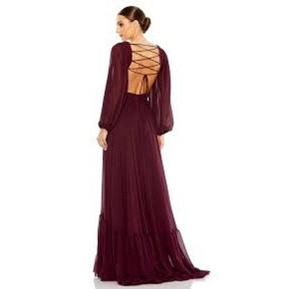 NEW NWT Mac Duggal Pleated Cut Out Long Sleeve Lace Up Tiered Gown STYLE 67948 Size 16 Plum