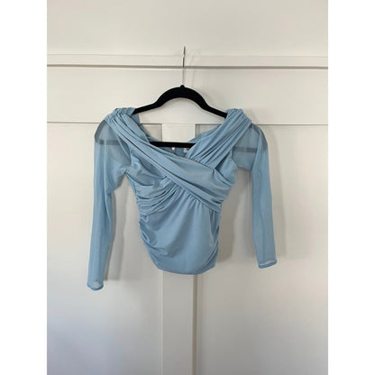 Self Portrait Light Blue Ruched Mesh Jersey Crossover Long Sleeve Top Size 0