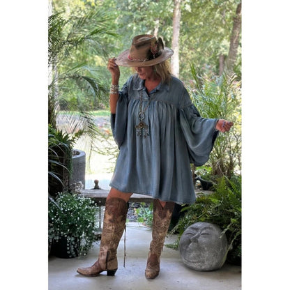 Jaded Gypsy Denim Babydoll Tunic Dress Blue Light Wash Oversized Boho O/S
