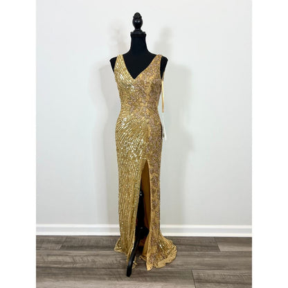 Mac‎ Duggal Gold Sequin Slit Gown Size 2