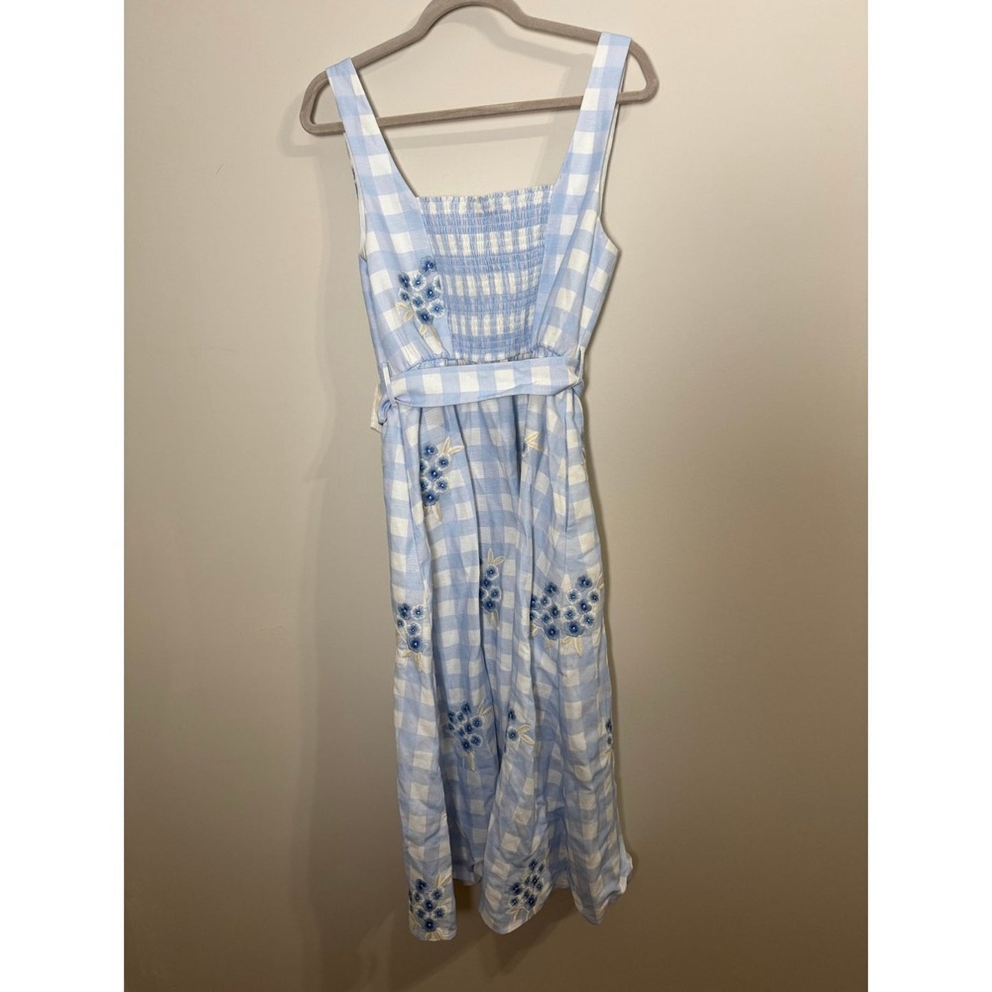 Sachin & Babi Bryce Blue Gingham Floral Embroidered Belted Midi Dress Size 8 NEW