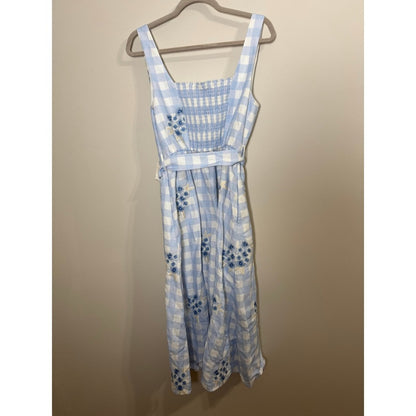 Sachin & Babi Bryce Blue Gingham Floral Embroidered Belted Midi Dress Size 8 NEW