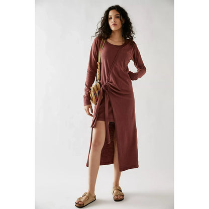 Free People Molly Side-Tie Midi Dress in Bittersweet Size XS Long Sleeve Cotton