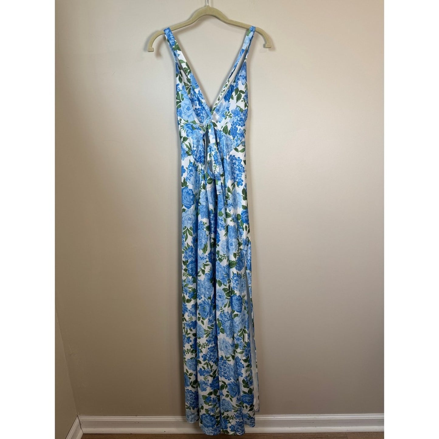 Blue Floral Satin Maxi Dress Open Back Tie High Slit Summer Wedding Guest V-Neck