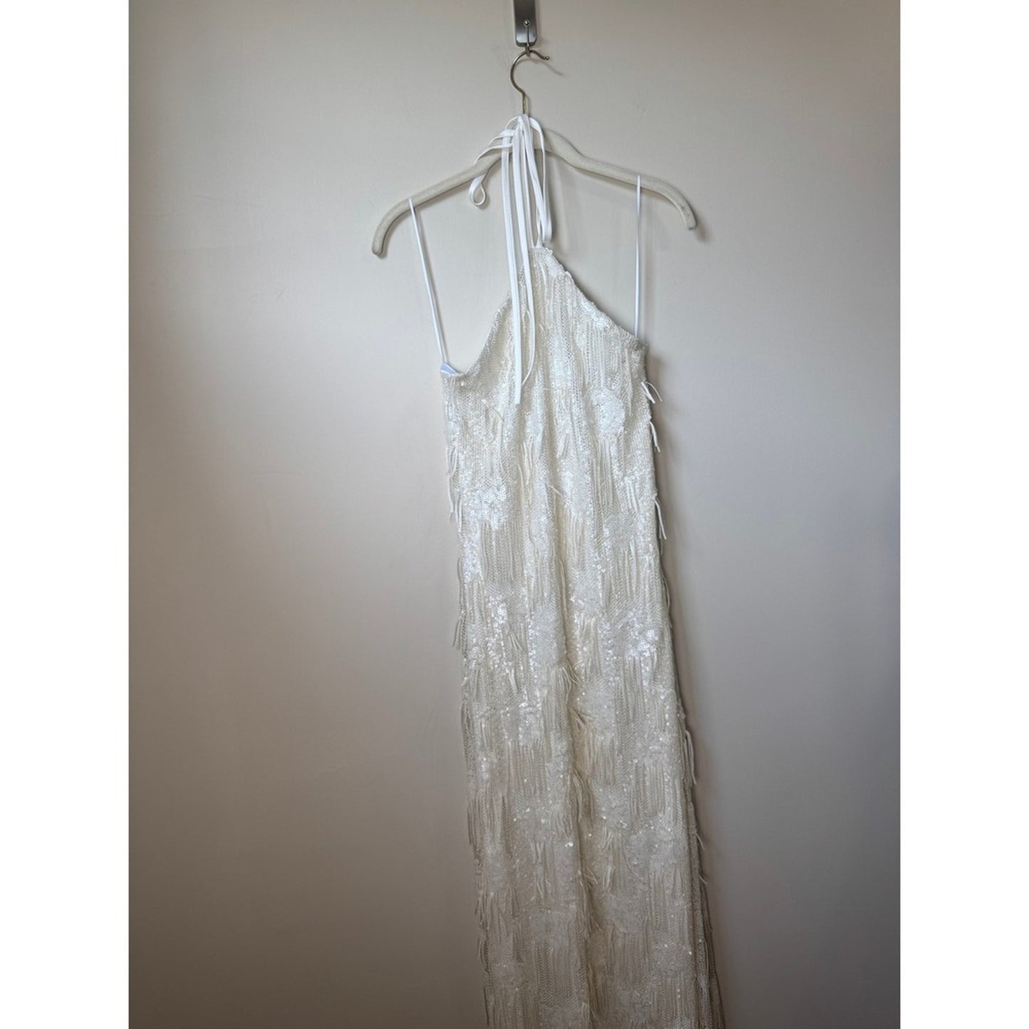 Show Me Your Mumu White Sequin Fringe Halter Maxi Dress XXS Bridal Formal Gown