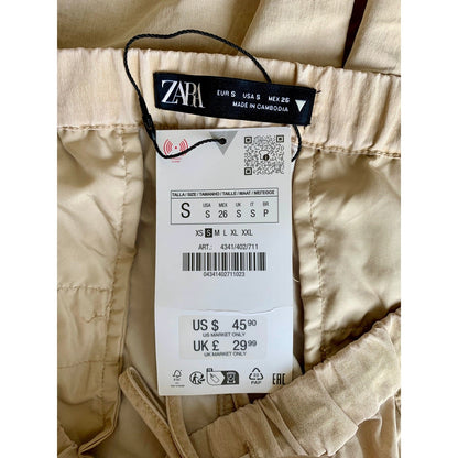 Zara Crop Cargo Trouser Pants in Tan Small Wide Leg Pull On Classic Boho