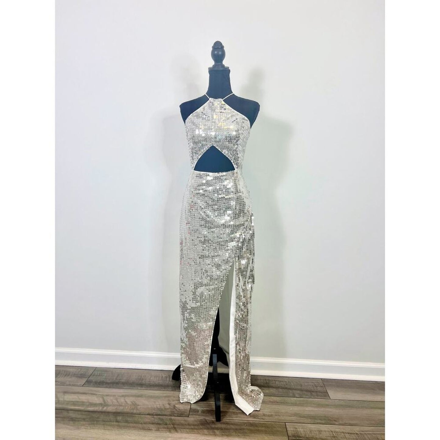 Majorelle Jovanna Maxi Dress‎ in Silver Large Embellished Gown Sequin Cut Out