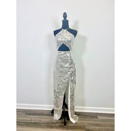 Majorelle Jovanna Maxi Dress‎ in Silver Large Embellished Gown Sequin Cut Out