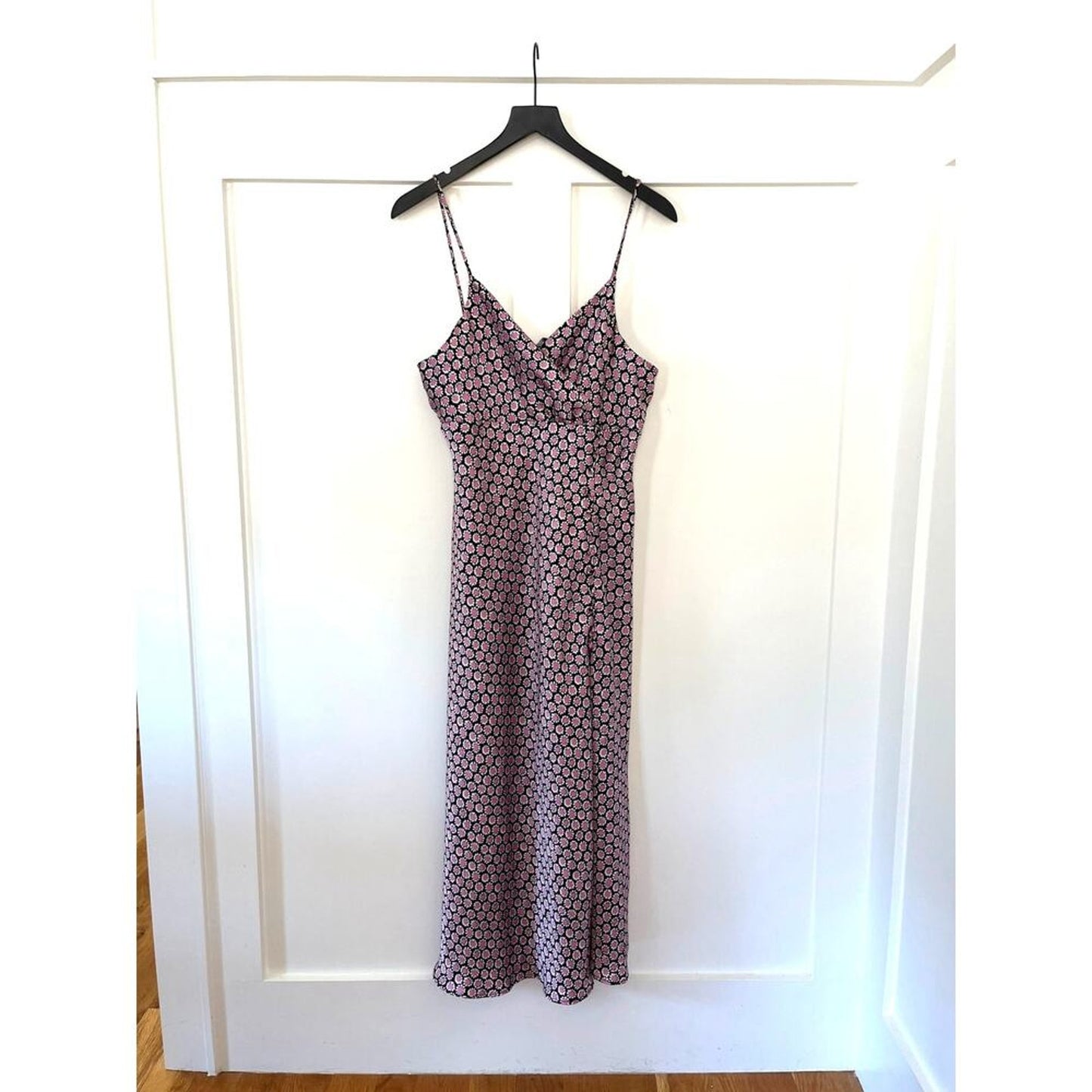 Zara Satin Effect Slip Midi Dress‎ Black/Pink Floral Size XL