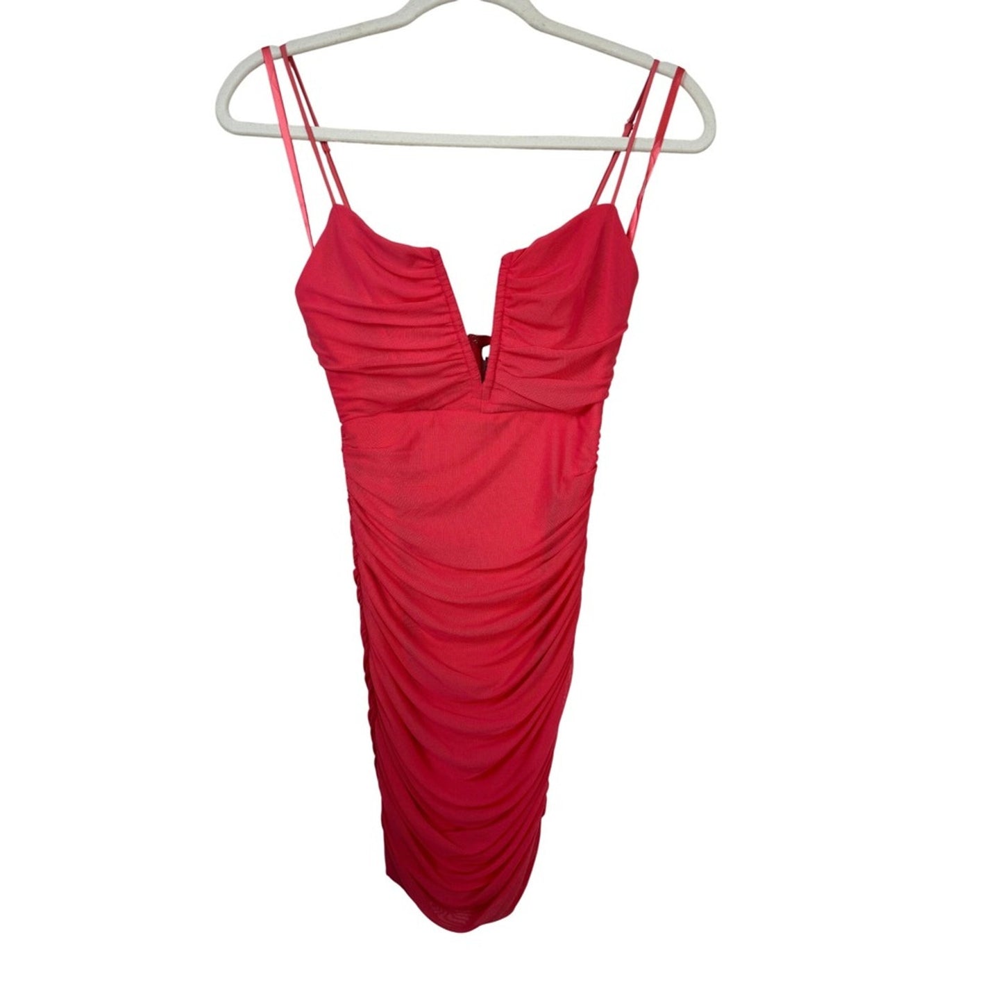 Hello Molly Coral Pink Ruched Mesh V Neck Bodycon Mini Dress Womens US 4