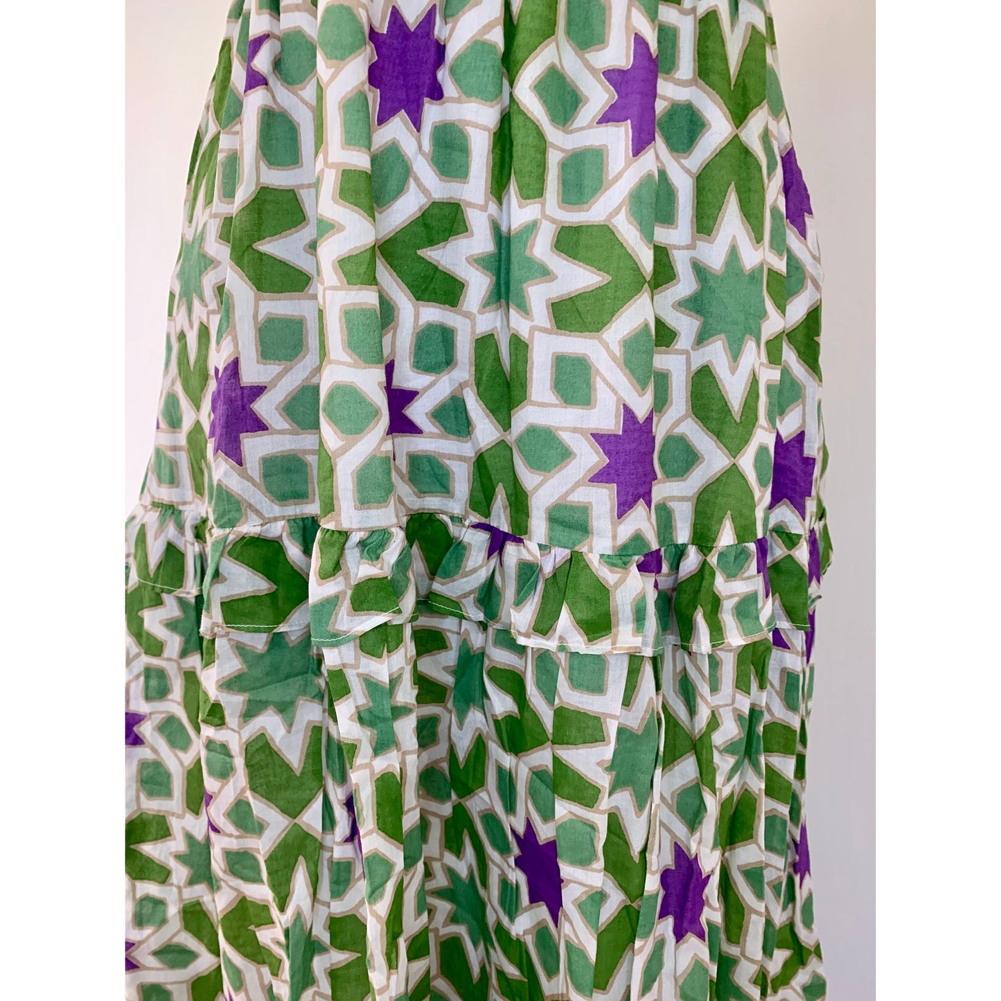 Banjanan Iris Smocked Ruffle Midi Dress in Star Gazer Jade Medium Lined Cotton