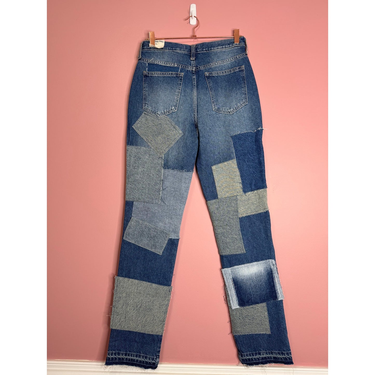Free People Bare With Me Jeans in Blue Size 26 Patchwork Mid-Rise Straight Leg