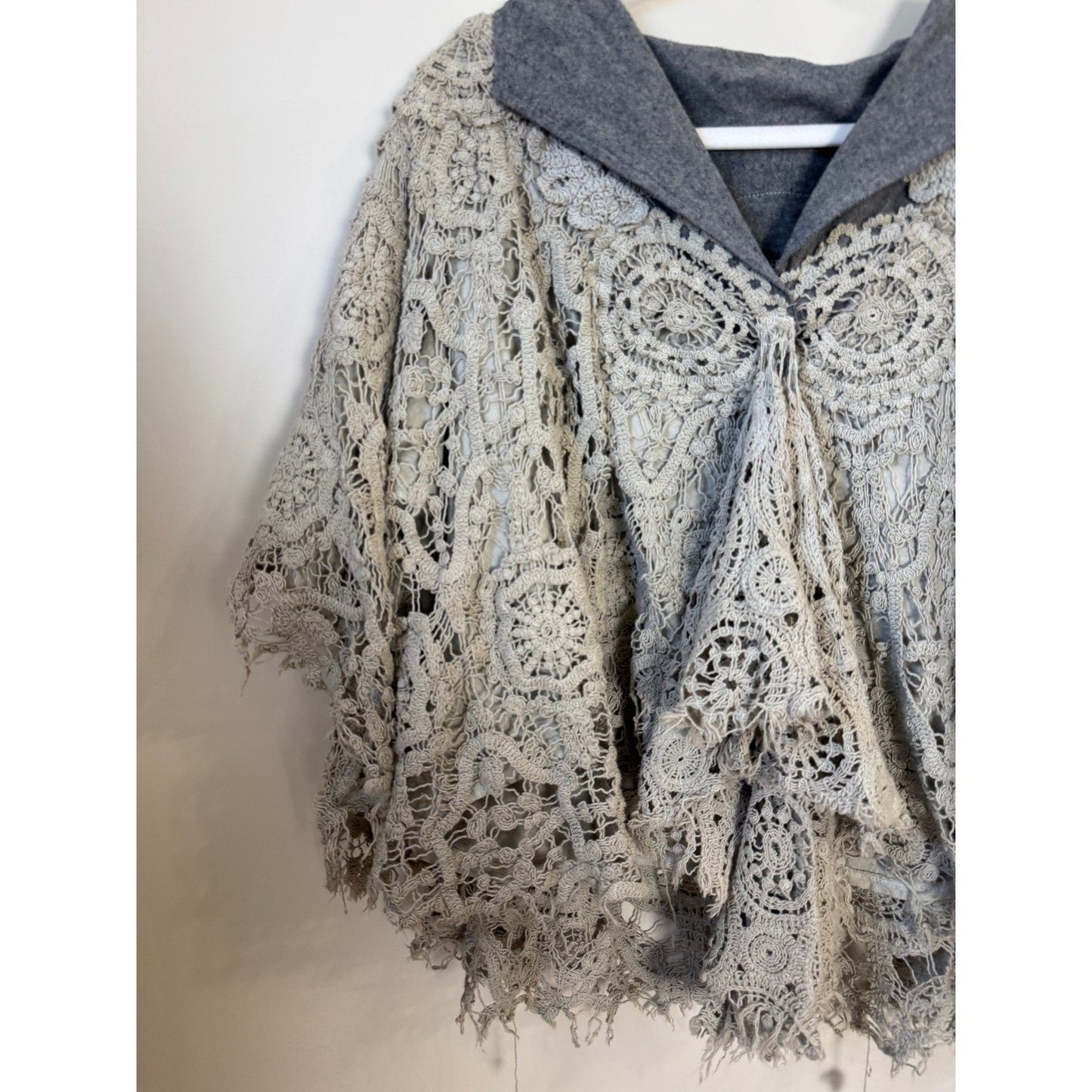 Jaded Gypsy Laced in Love Boho Crochet Poncho Gray Shawl Wrap Kimono Layering