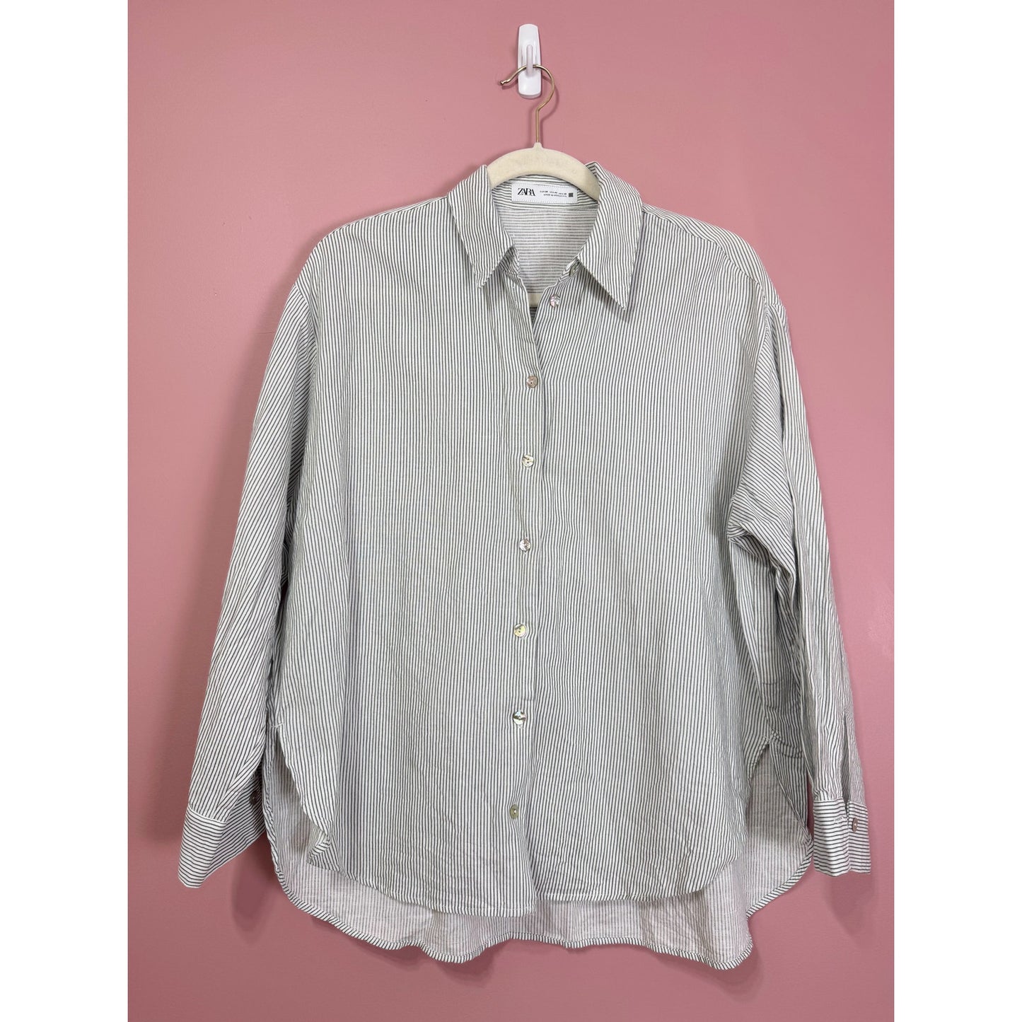 Zara Green Stripe Linen Blend Button Down Blouse Size Medium
