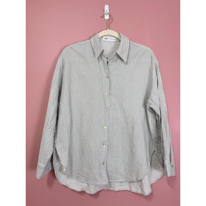 Zara Green Stripe Linen Blend Button Down Blouse Size Medium