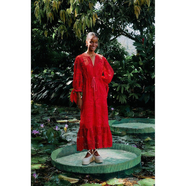 Farm Rio Maxi Dress Red Lace V Neck Long Sleeve Tie Waist Tiered Ruffle Size S