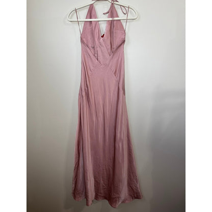 Bardot Aradia Pink Silk Halter Neck Maxi Dress Red Rose Accent
