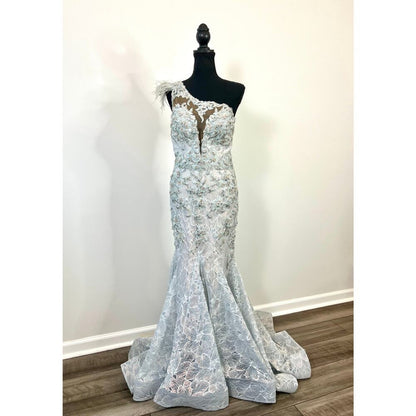 Mac Duggal Mermaid Gown‎ Dress in Crystal Blue Size 6 Embellished Lace Cocktail