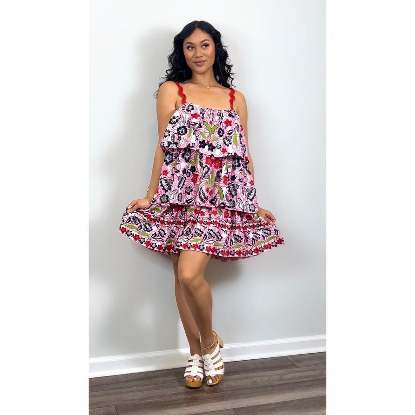 Anthropologie Maeve Tiered Printed Mini Dress‎ in Pink Combo Medium Floral Boho
