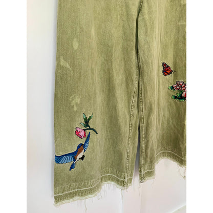 We The Free Wide Leg Jeans in Army Green Sz 26 Denim Ultra High Rise Embroidered