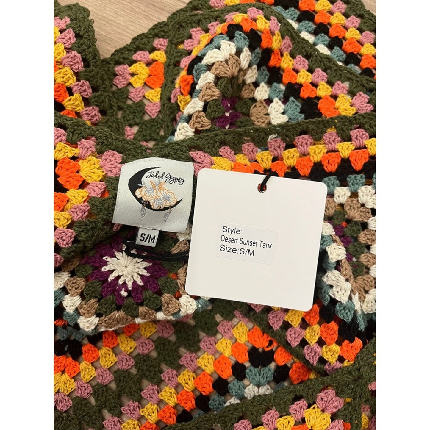 Jaded Gypsy Desert Sunset Tank Top S M Crochet Granny Square Boho Orange Green