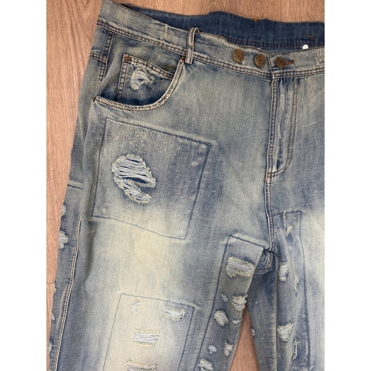Jaded Gypsy Peace & Love Distressed Patchwork Jeans Medium Wash L/XL NEW