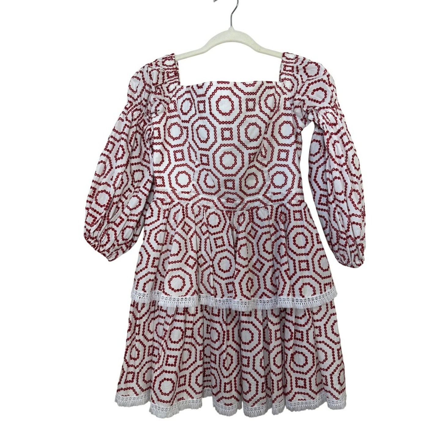 ALEXIS White Red Geometric Embroidered Tiered Square Neck Mini Dress M