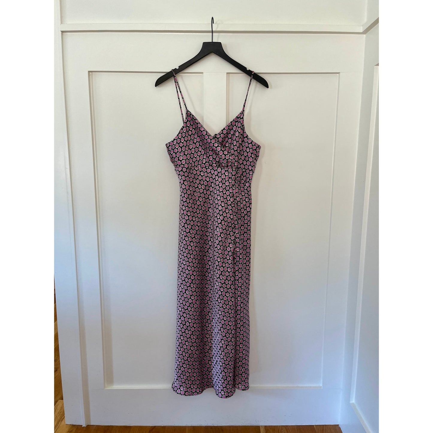 Zara Satin Effect Slip Midi Dress Black/Pink Floral Size XL