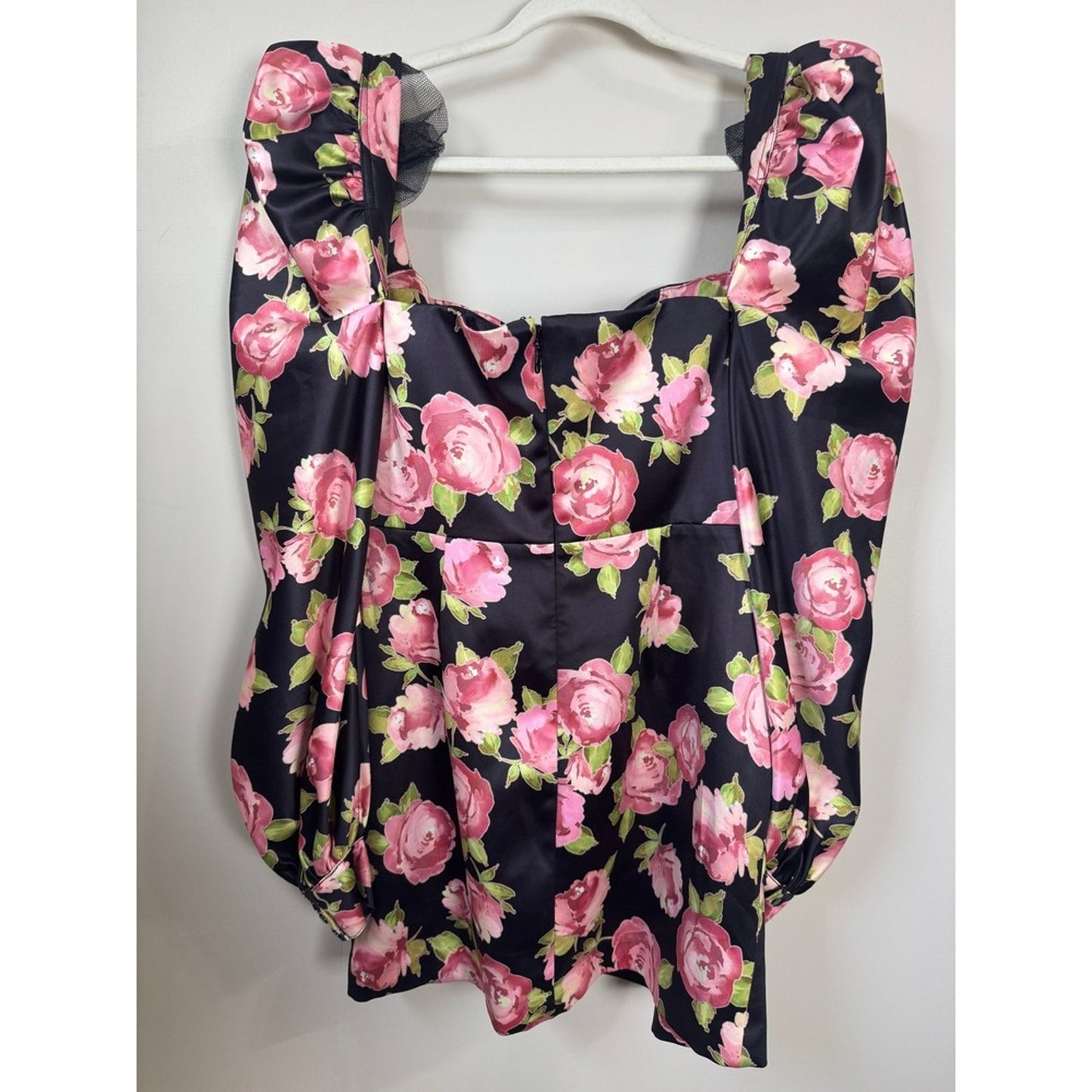 House of CB Black Pink Floral Satin Puff Sleeve Mini Dress Size L Rose Print