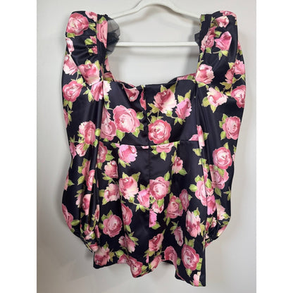 House of CB Black Pink Floral Satin Puff Sleeve Mini Dress Size L Rose Print