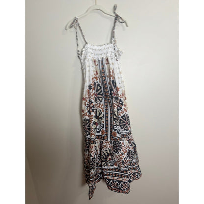 Farm Rio Women XL White Tile Floral Smocked Tiered Midi Dress Beaded Tassels