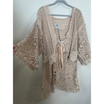 Jaded Gypsy Crochet Lace Kimono Cardigan Beige Boho Front Tie Bell Sleeve O/S
