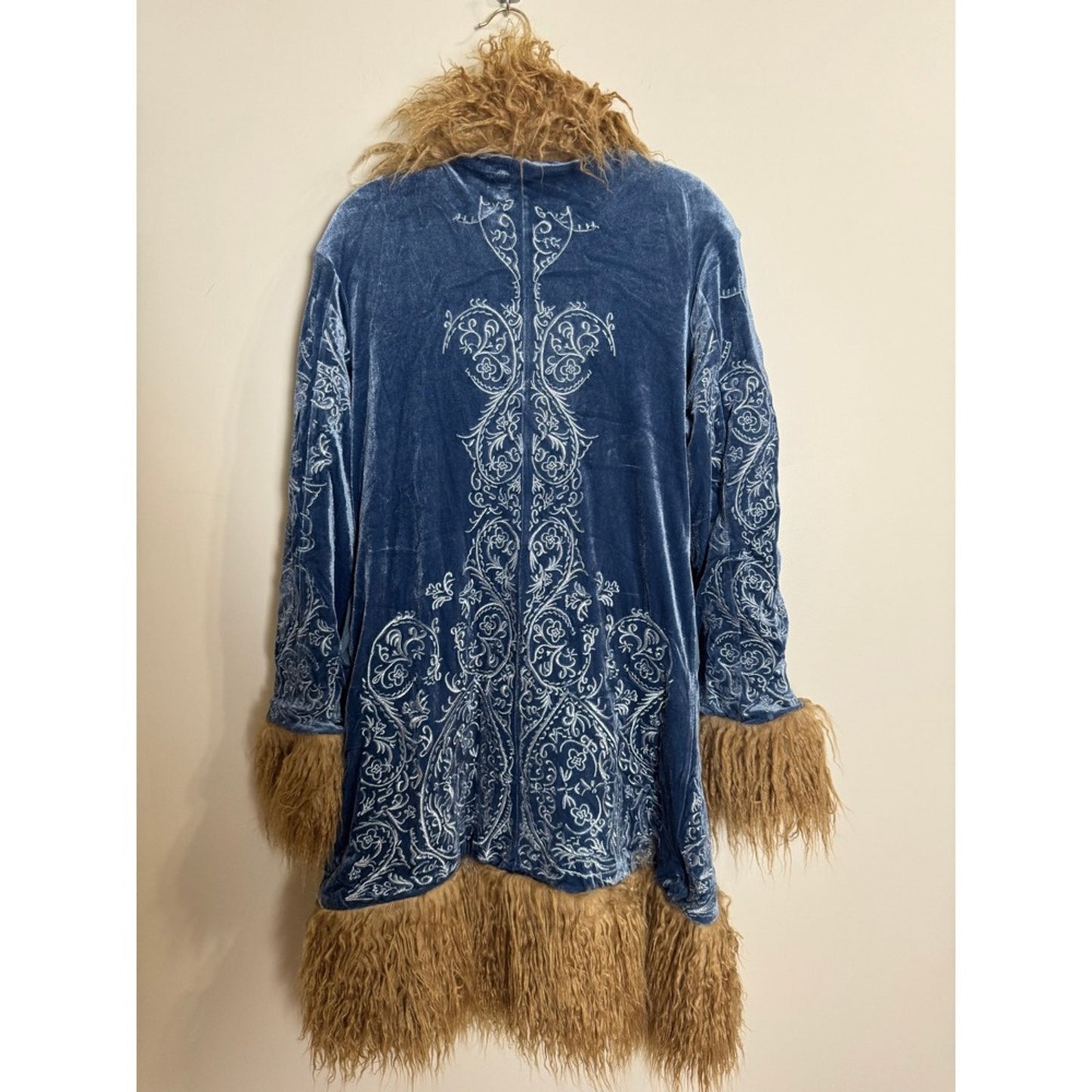 Free People Moon Glow Velvet Coat Blue Tan Embroidered Faux Fur Trim Medium NEW