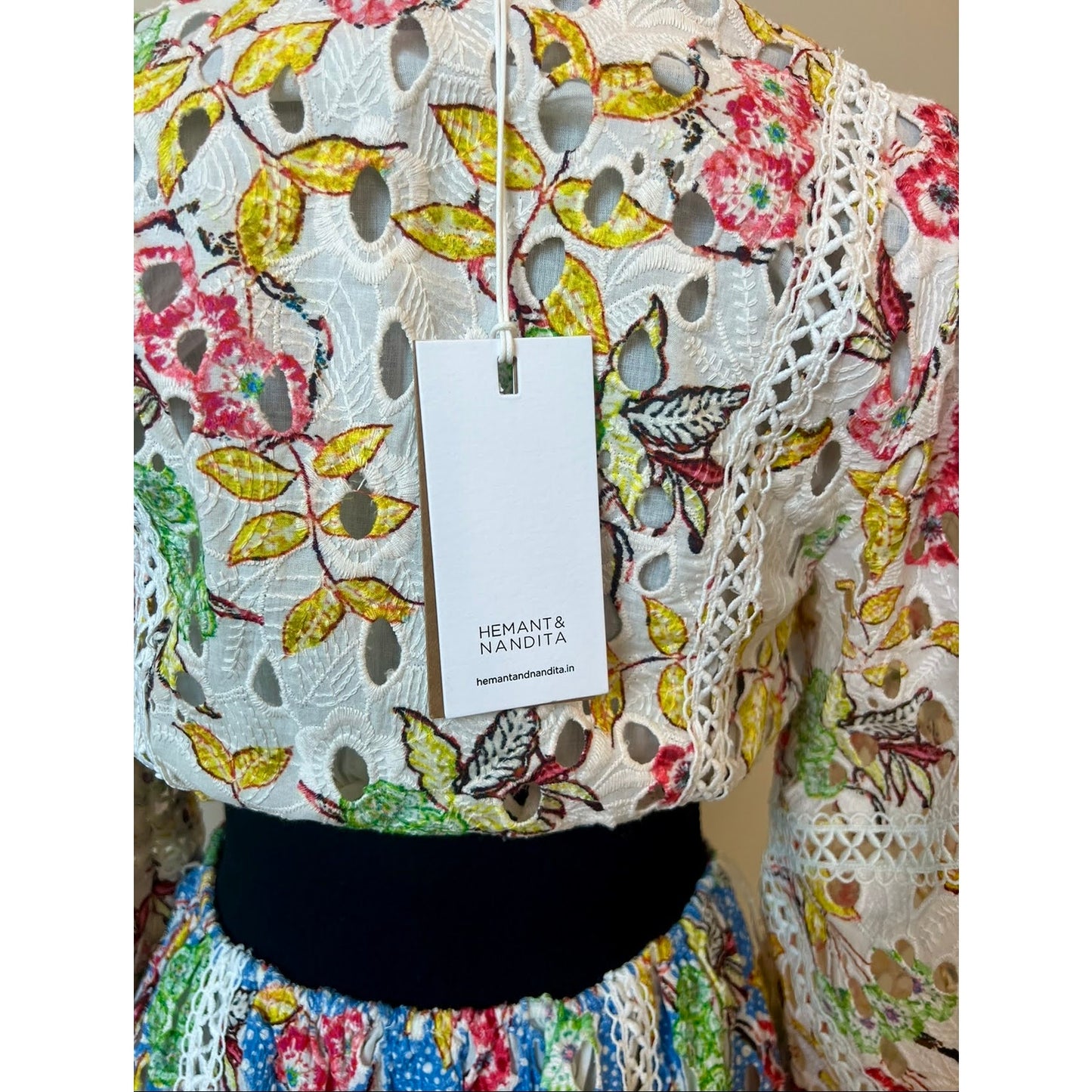 Hemant and Nandita Blue Printed Preet Mini Dress Large Floral Cut-Out Lined