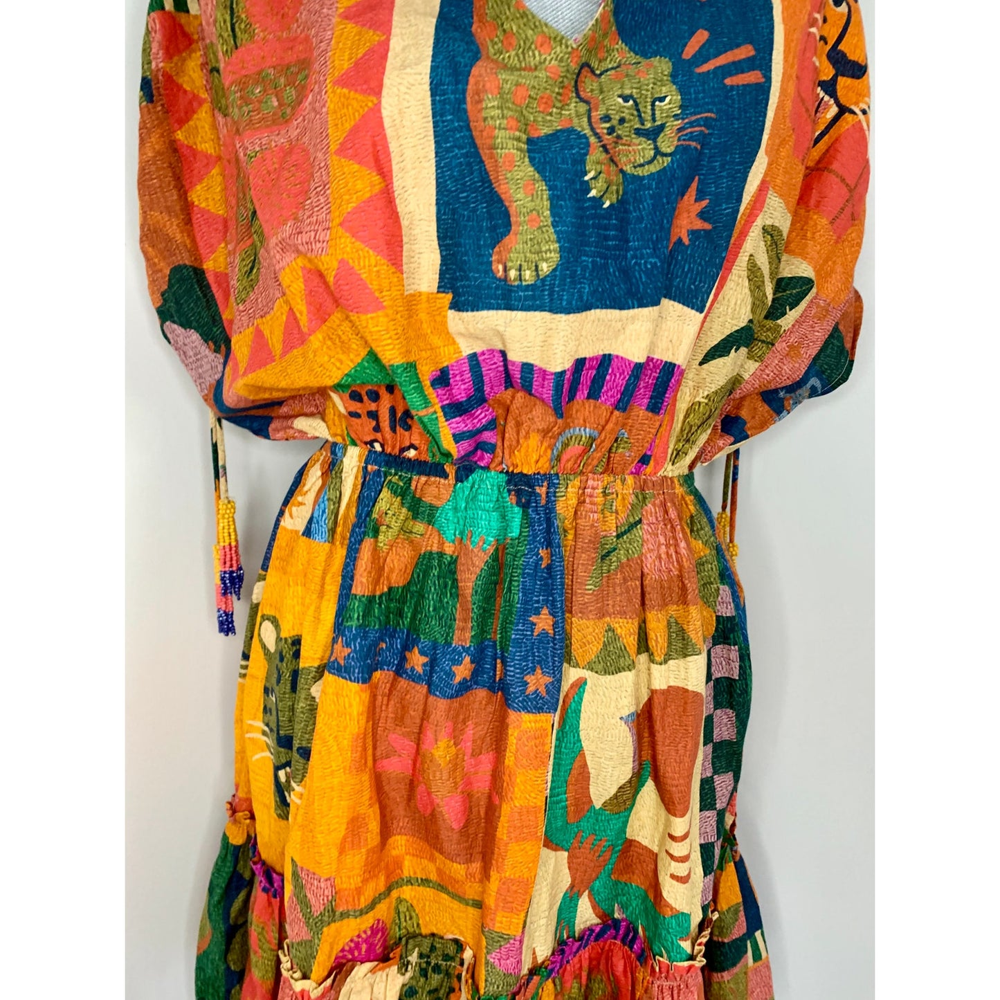 Farm Rio Anthropologie Jungle Printed Cover-Up Mini Dress Small V-Neck Cotton