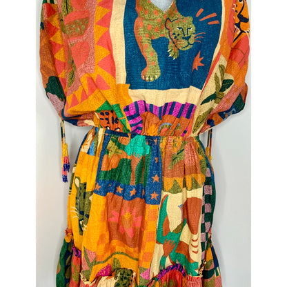 Farm Rio Anthropologie Jungle Printed Cover-Up Mini Dress Small V-Neck Cotton