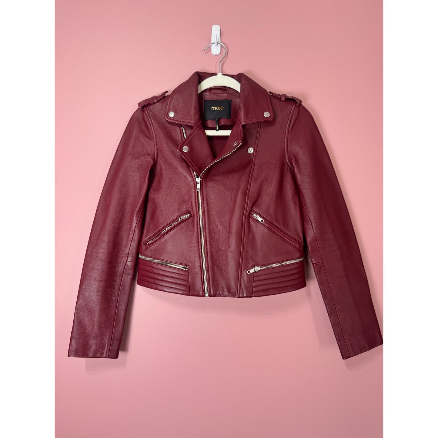 Maje Burgundy Lamb Leather Moto Jacket Size 36/Small