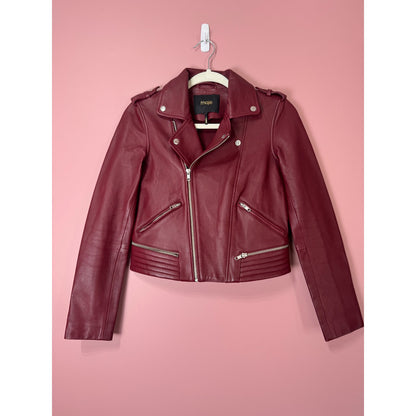 Maje Burgundy Lamb Leather Moto Jacket Size 36/Small