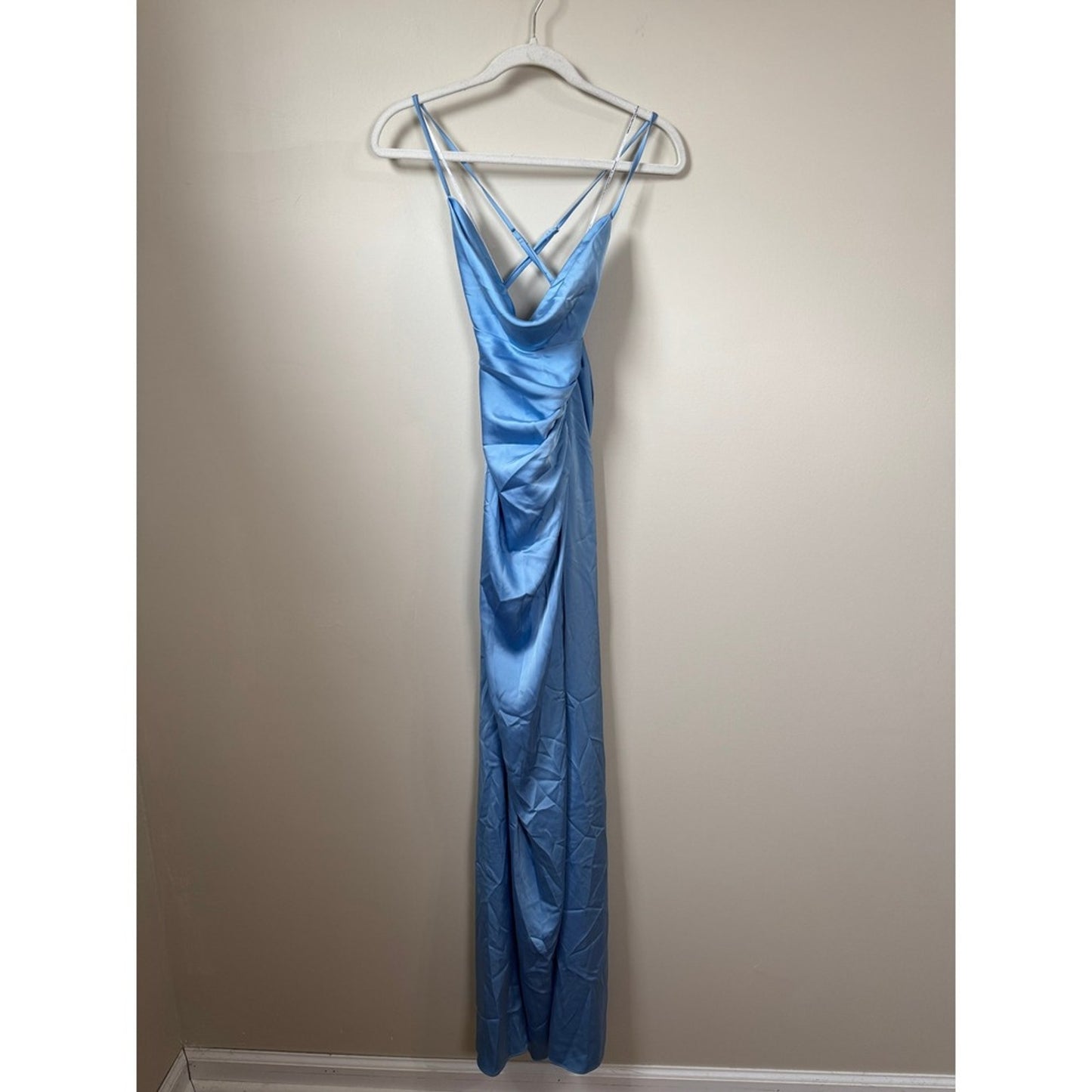 Katie May Los Angeles Blue Satin Cowl Neck Maxi Gown Dress NWT Defect