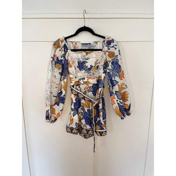 FARM Rio Mixed Print Square Neck Puff Sleeve Belted Mini Dress XS