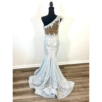 Mac Duggal Mermaid Gown‎ Dress in Crystal Blue Size 6 Embellished Lace Cocktail