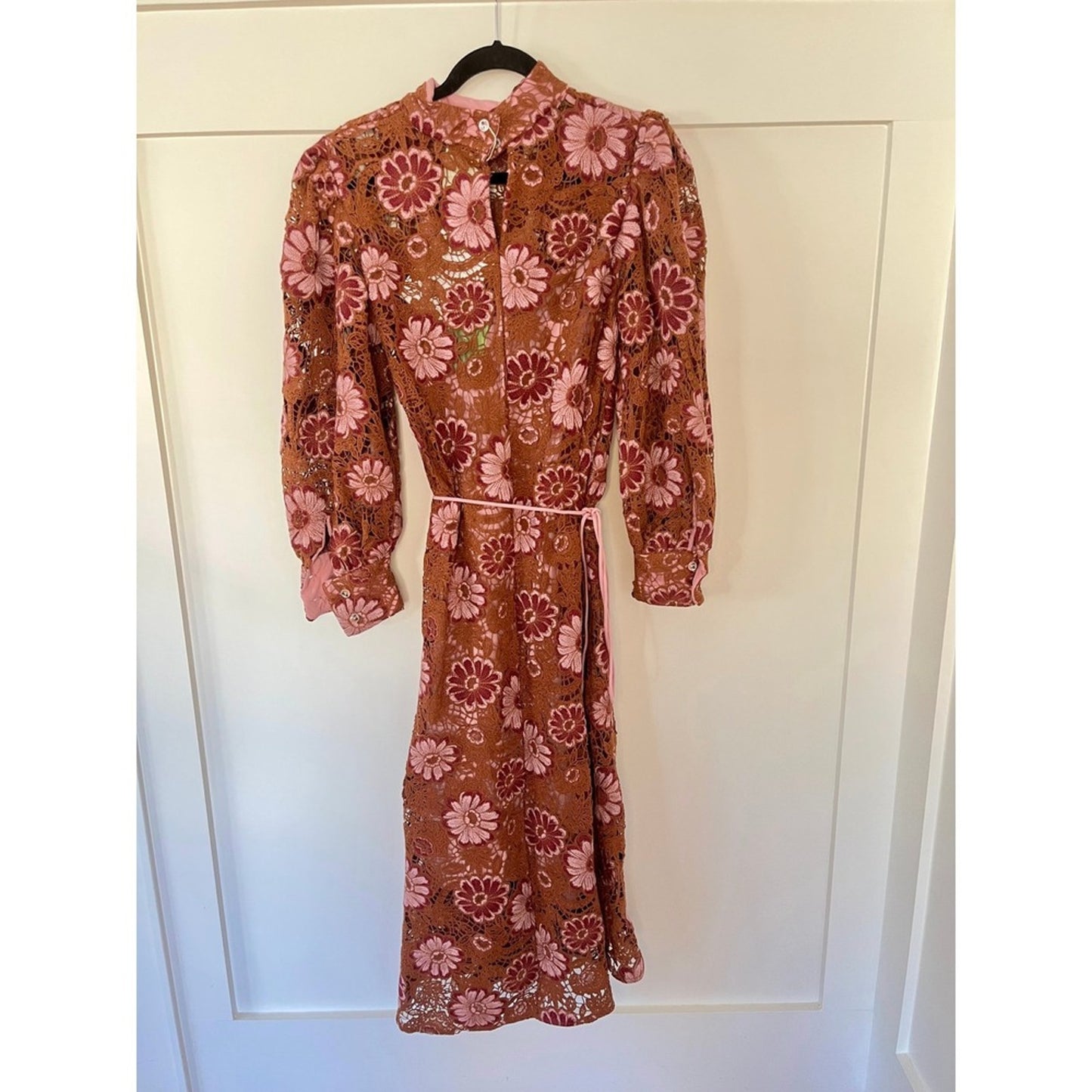 FARM Rio Floral Lace Midi Dress Mock Neck Puff Sleeve Belted Brown Pink Size M
