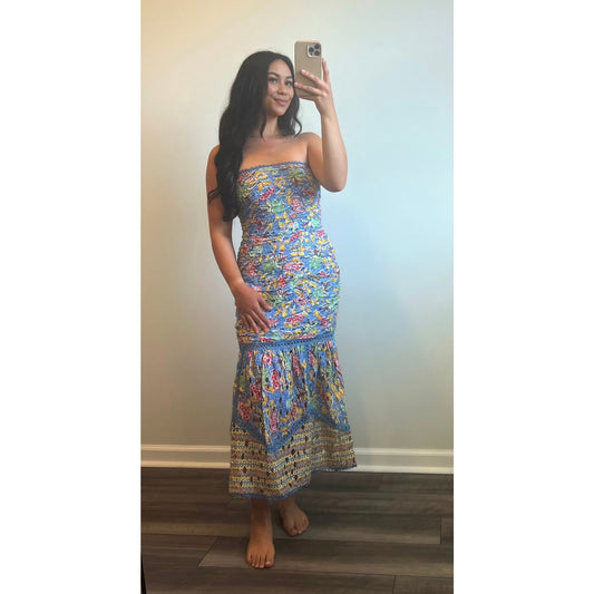 Hemant and Nandita Preet Midi Dress in Blue Medium Floral Eyelet Strapless Lined