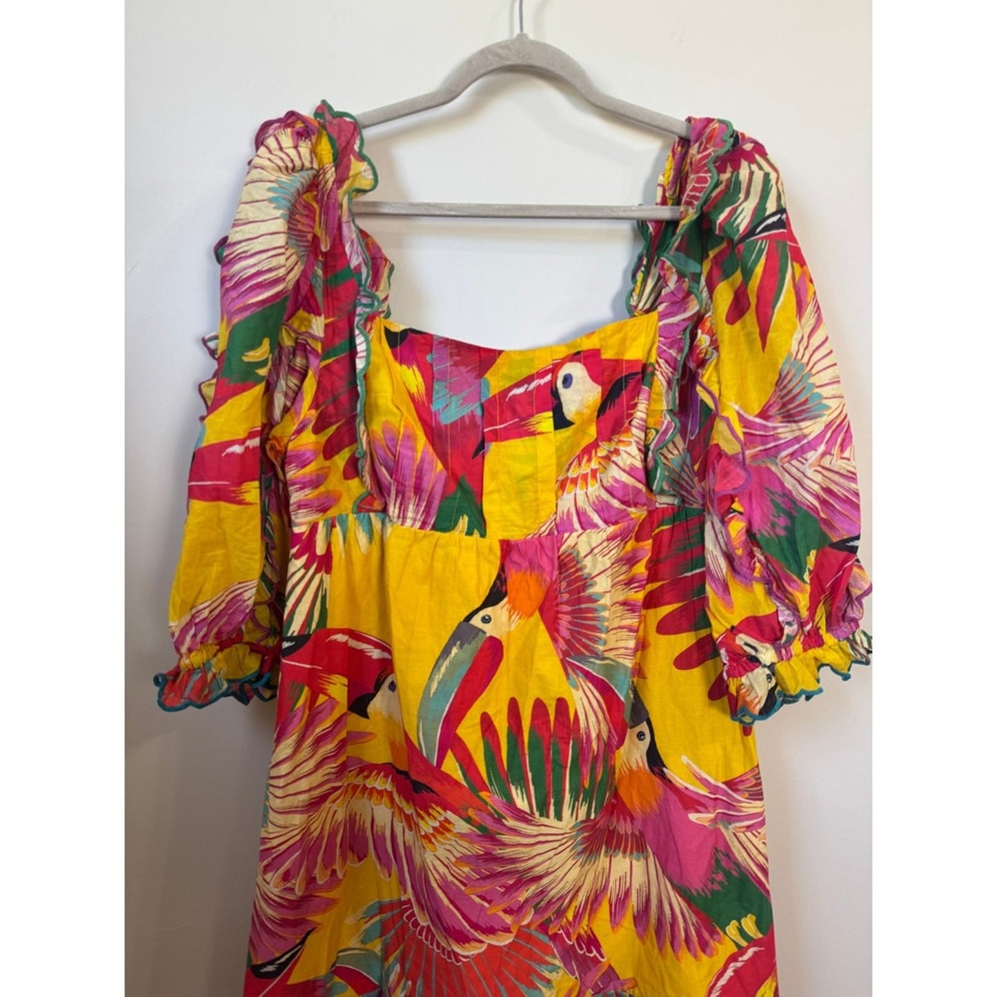 Farm Rio Yellow Tropical Toucan Print Puff Sleeve Ruffle Midi Dress Size L