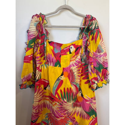 Farm Rio Yellow Tropical Toucan Print Puff Sleeve Ruffle Midi Dress Size L